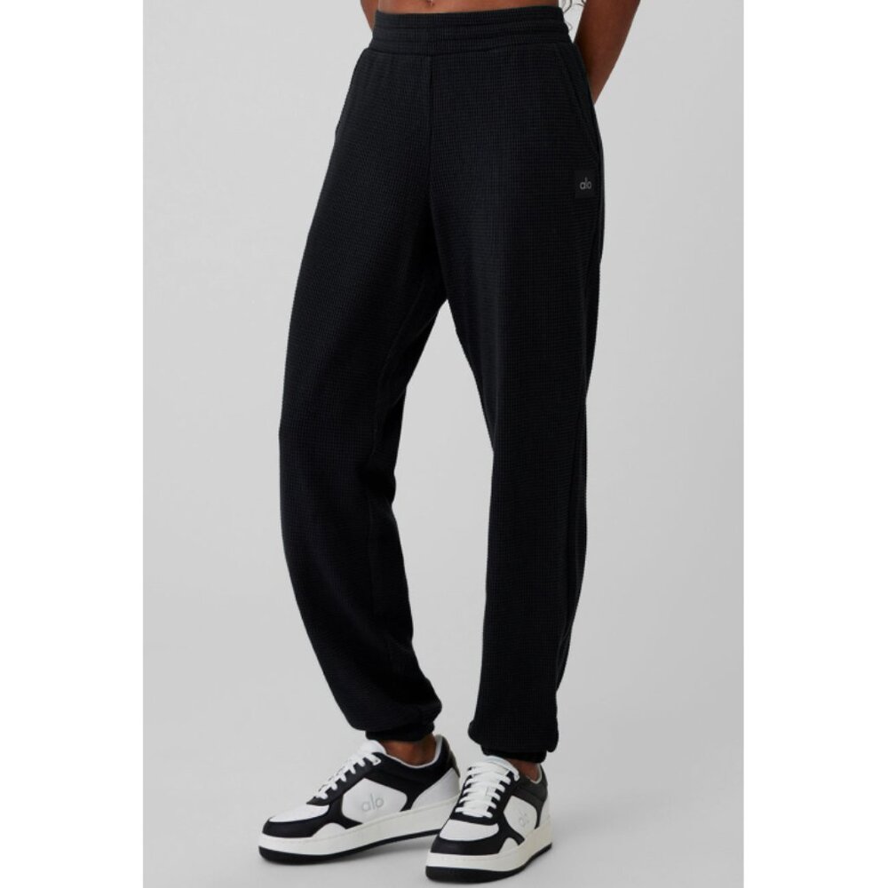 Alo Waffle Weekend Escape Joggers Black High-Rise Waist Thermal Sweats Sweatpant - Picture 4 of 12